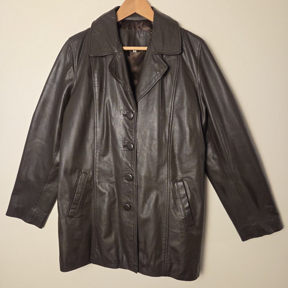 Vintage Perla Nora Lopez Buenos Aires Argentina Brown Leather Car Coat Jacket L